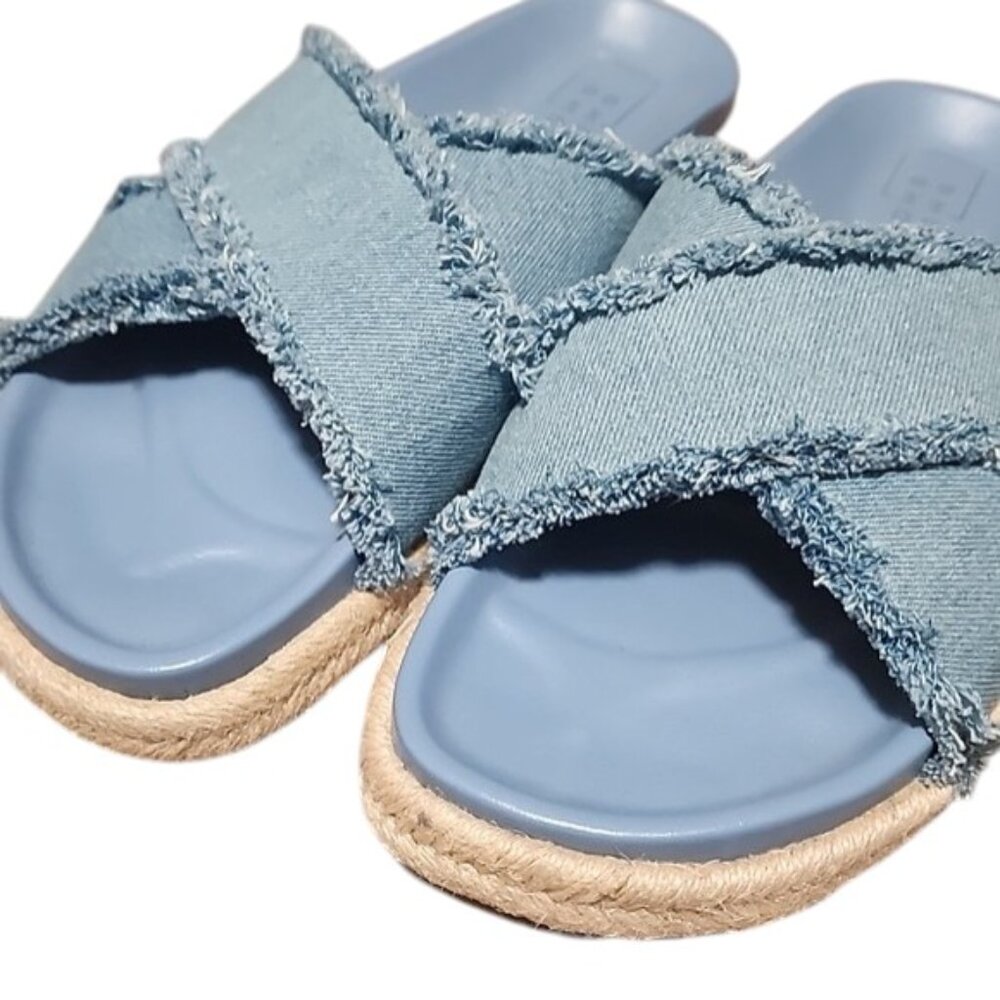 SHU SHOP Denim Blue Espadrille Slide Sandals 9 Frayed Criss Cross Straps Boho - Picture 10 of 14